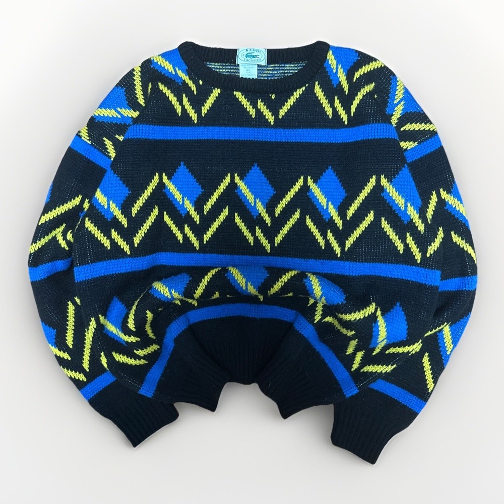Vintage IZOD Lacoste Acrylic Sweater Geometric Knit Boys XL (Men's Small) Black